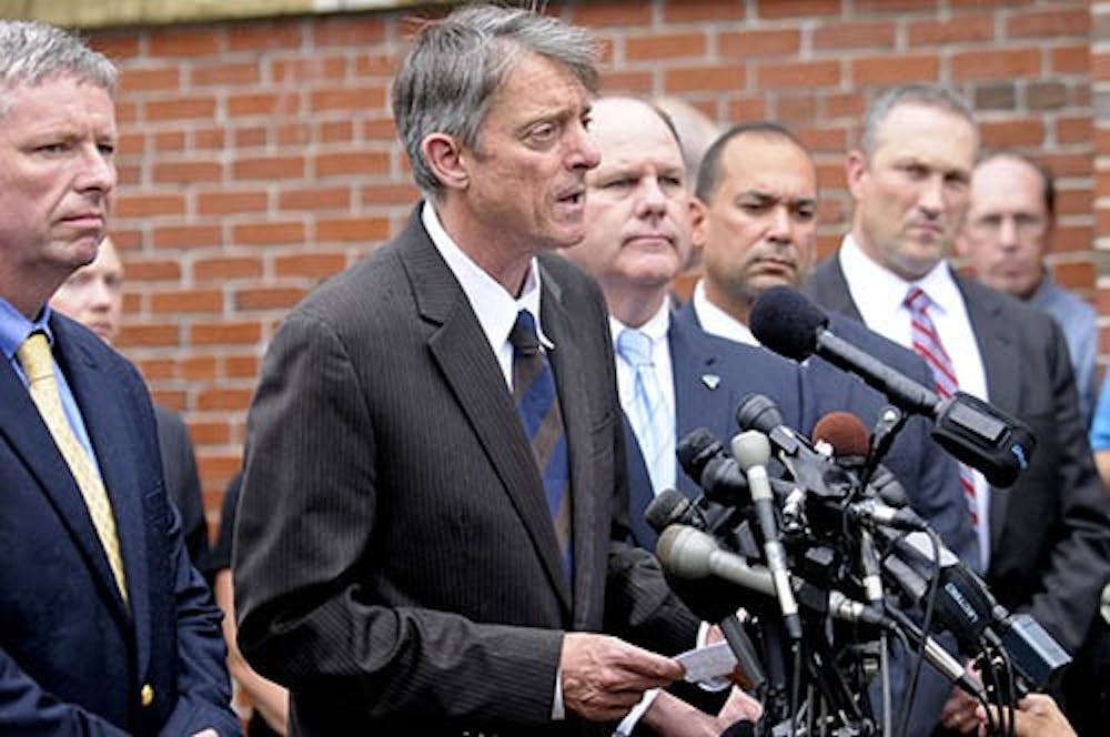 Bristol County district attorney Sam Sutter makes statements to the media following the arraignment of ex-New England Patriots Aaron Hernandez in connection with the shooting death of Odin Lloyd on June 26. New evidence has come out that shows more involvement by Hernandez. MCT PHOTO 