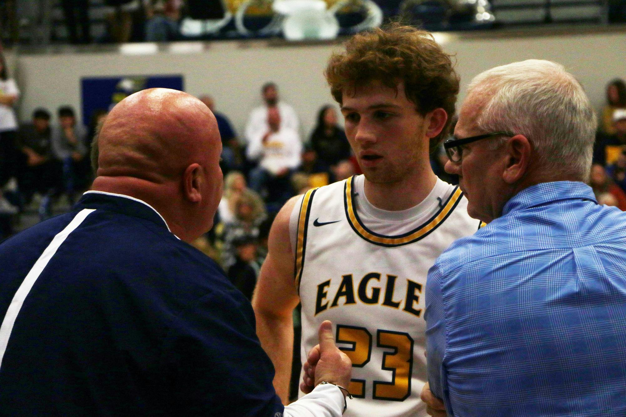 Delta senior Jackson Wors talks to his coaches Dec. 8 during a game against Yorktown at Delta High School. Zach Carter, DN. 