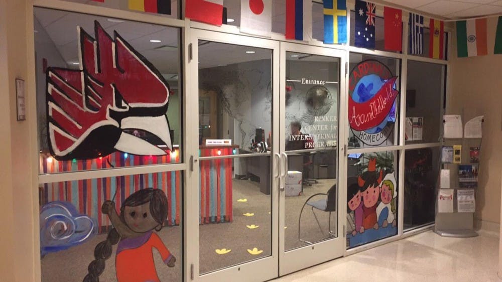 <p>The Rinker Center for International Programs is celebrating this year's Homecoming them 'Cardinals Around the World' with window art. The center has received a lot of attention due to the theme. <strong>Samantha Johnson, Contributed</strong></p>