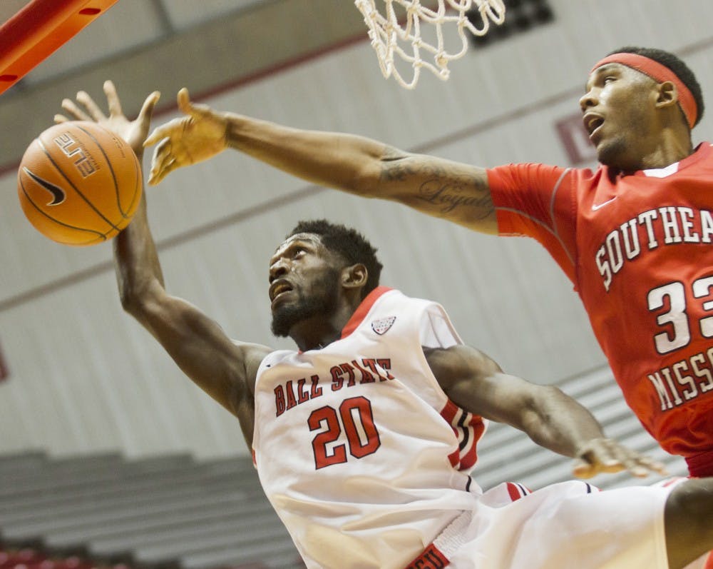 Senior forward Chris Bond attempts the layup against Southeast Missouri on Monday at Worthen Arena. Bond scored a career-high 20 points in the win. DN PHOTO MARCEY BURTON