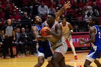 Senior center Payton Sparks drives to the basket against Indiana State Nov. 16 at Worthen Arena. Sparks scored 16 points in today's game. Jayce Blane, DN