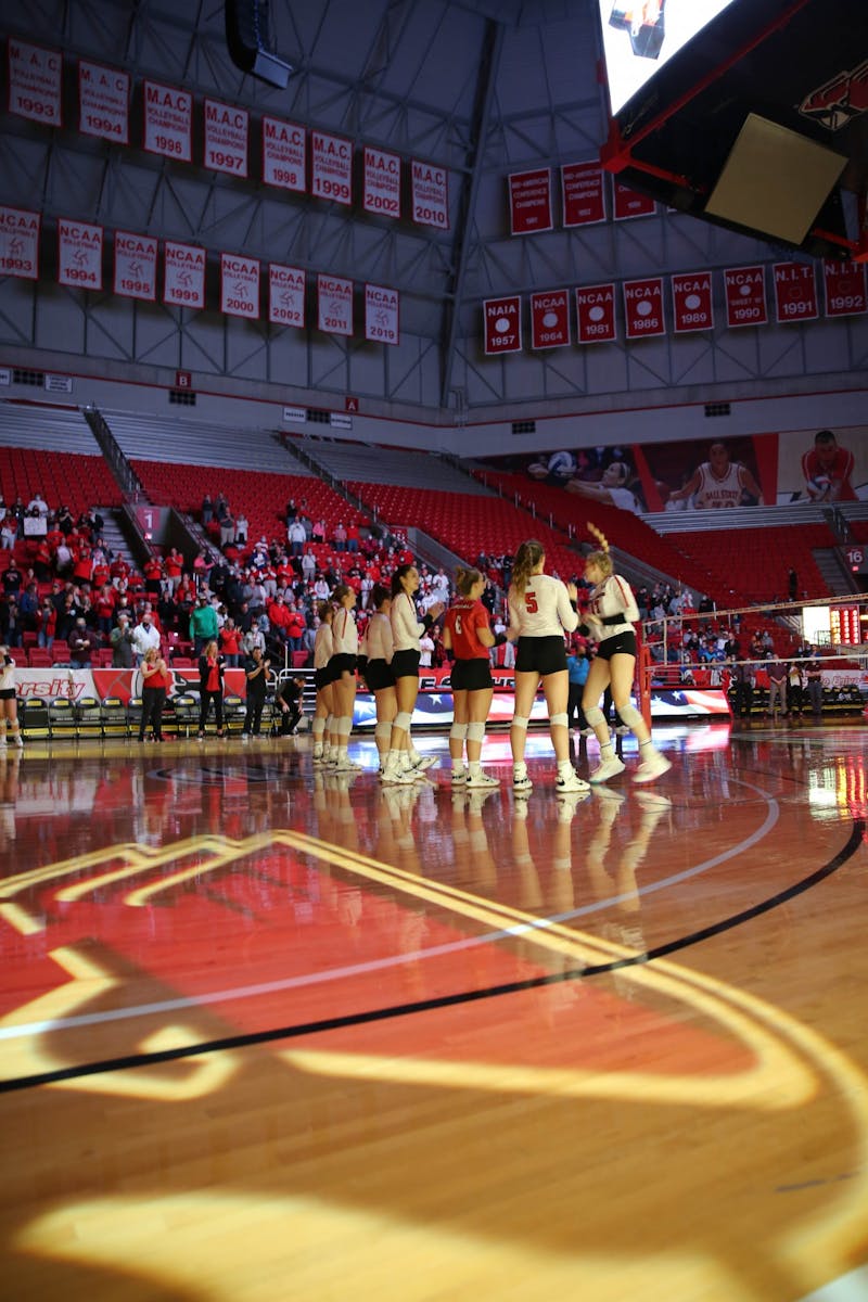 Ball State Women&#x27;s Volleyball players line up before their game against Central Michigan Nov. 5 in Worthern Arena. Eli Houser, DN