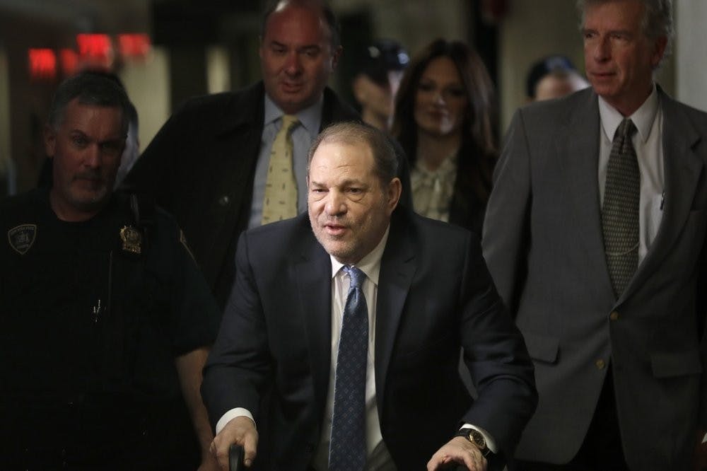 <p>Harvey Weinstein arrives at a Manhattan courthouse for jury deliberations in his rape trial Feb. 24, 2020, in New York. Weinstein was convicted Monday of rape and sexual assault against two women and was immediately handcuffed and led off to jail, sealing his dizzying fall from powerful Hollywood studio boss to archvillain of the #MeToo movement. <strong>(AP Photo/Seth Wenig)</strong></p>