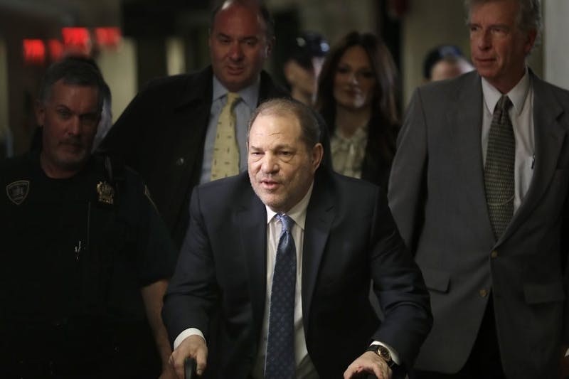Harvey Weinstein arrives at a Manhattan courthouse for jury deliberations in his rape trial Feb. 24, 2020, in New York. Weinstein was convicted Monday of rape and sexual assault against two women and was immediately handcuffed and led off to jail, sealing his dizzying fall from powerful Hollywood studio boss to archvillain of the #MeToo movement. (AP Photo/Seth Wenig)