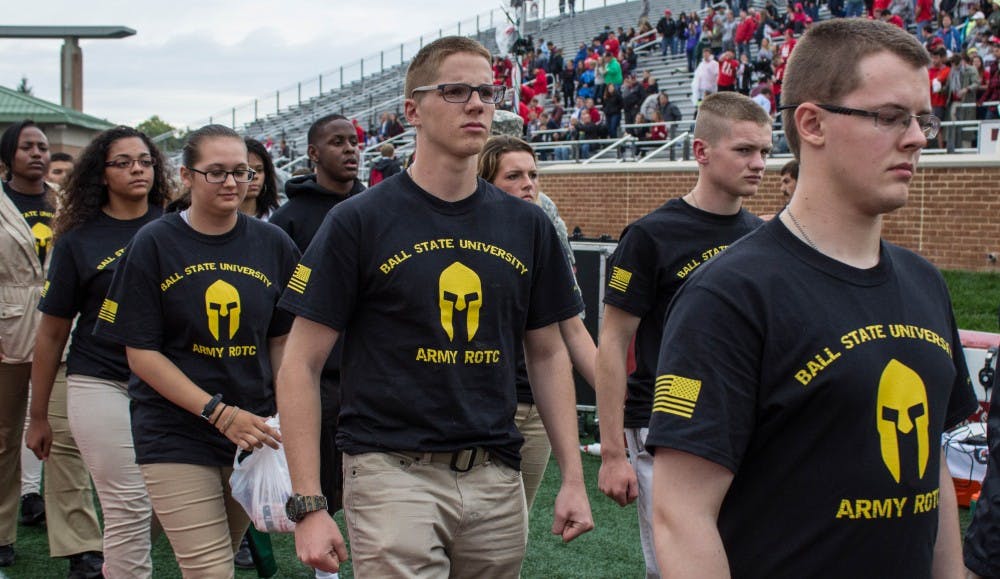 Members of Ball State's Army ROTC program present the flag on the field of Scheumann Stadium before the game against Northern Illinois on Oct. 1. Ball State lost 31-24. Grace Ramey // DN