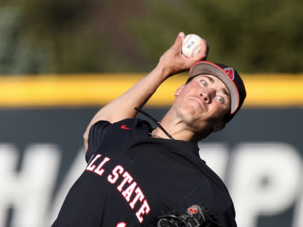 Ball State sophomore right-hander Kyle Nicolas pitches in the ninth inning of the Cardinals' game against Butler April 9, at Ball Diamond at First Merchant's Ballpark Complex in Muncie. The Cardinals won 12-5. Paige Grider, DN