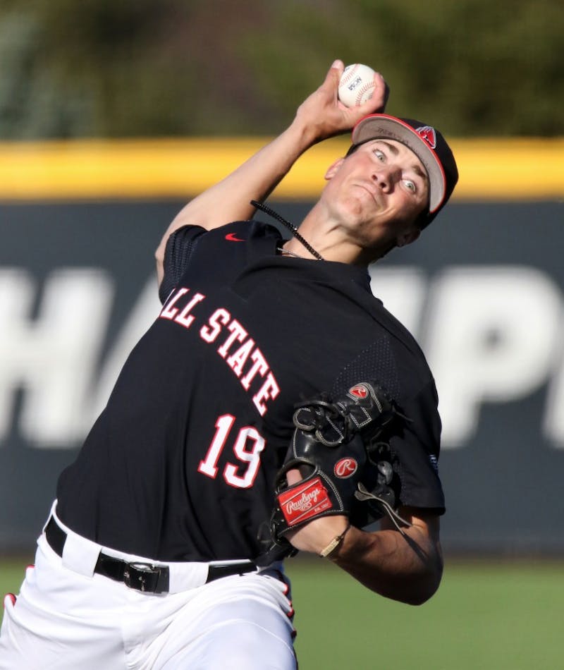 Ball State sophomore right-hander Kyle Nicolas pitches in the ninth inning of the Cardinals' game against Butler April 9, at Ball Diamond at First Merchant's Ballpark Complex in Muncie. The Cardinals won 12-5. Paige Grider, DN