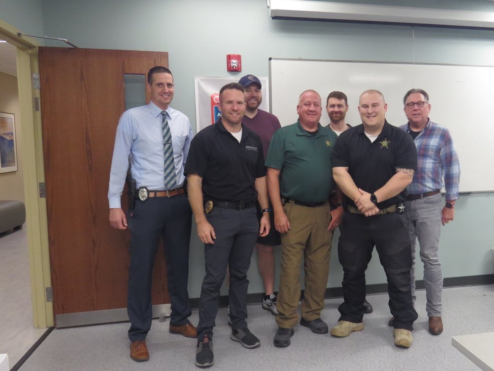 Officers from local departments gather together in an Ivy Tech classroom for Project Sybertooth April 30. Officers from the Muncie Police Department, Delaware County Sheriff&#x27;s Office and Ball State University Police Department can take these classes to learn more about cybersecurity. The Ball Brothers Foundation, Photo Provided