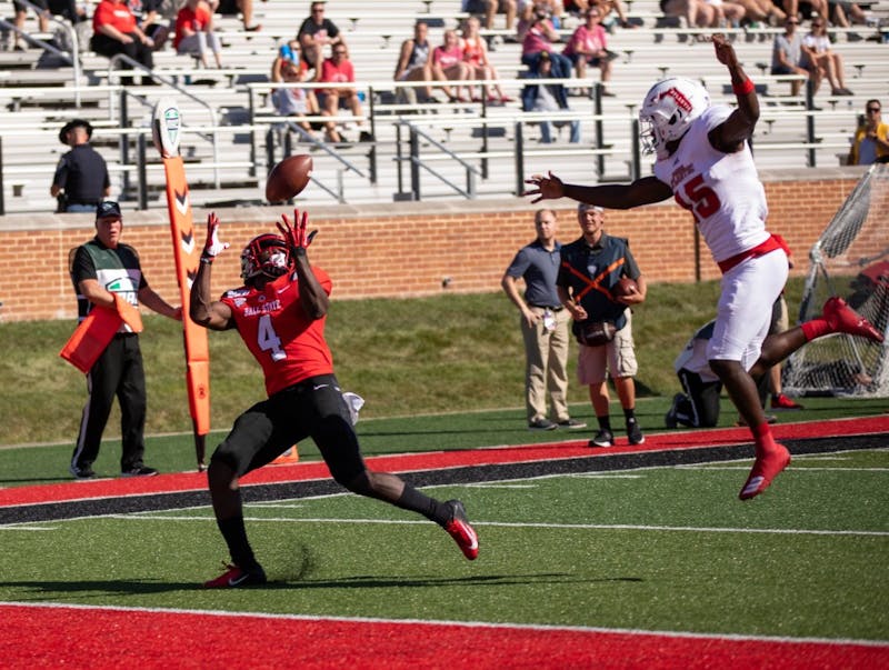 Ball State senior wide reciver Malik Dunner (4) catches a pass against Florida Atlantic at Scheumann Stadium Sept. 14, 2019. The Eagles beat the Cardinals, 41-31. Jacob Musselman, DN