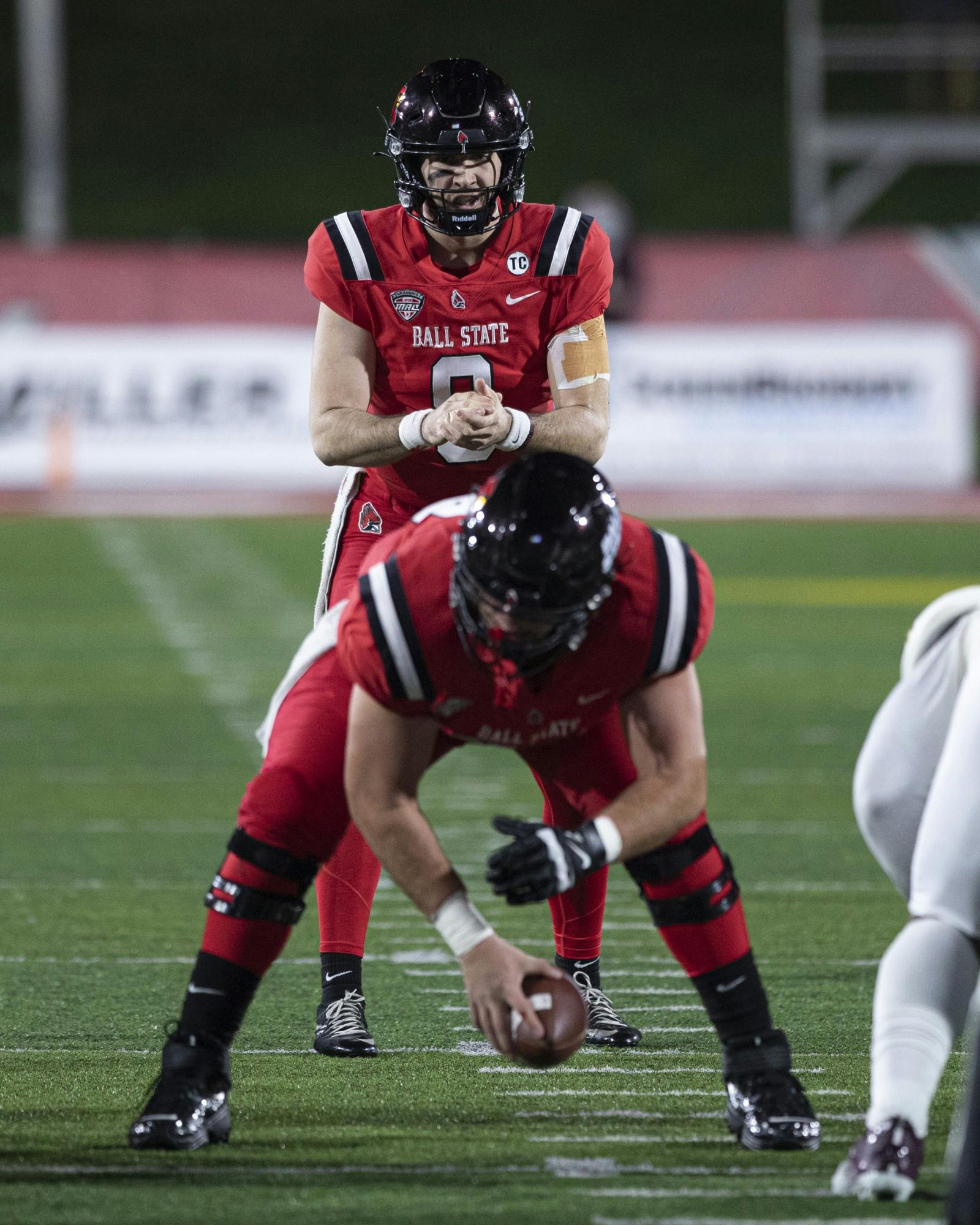 Cardinals redshirt fifth-year quarterback Drew Plitt snaps the ball during the first quarter Nov. 17, 2021, at Scheumann Stadium. The Cardinals lost to the Chippewas 37-17. Jacob Musselman, DN