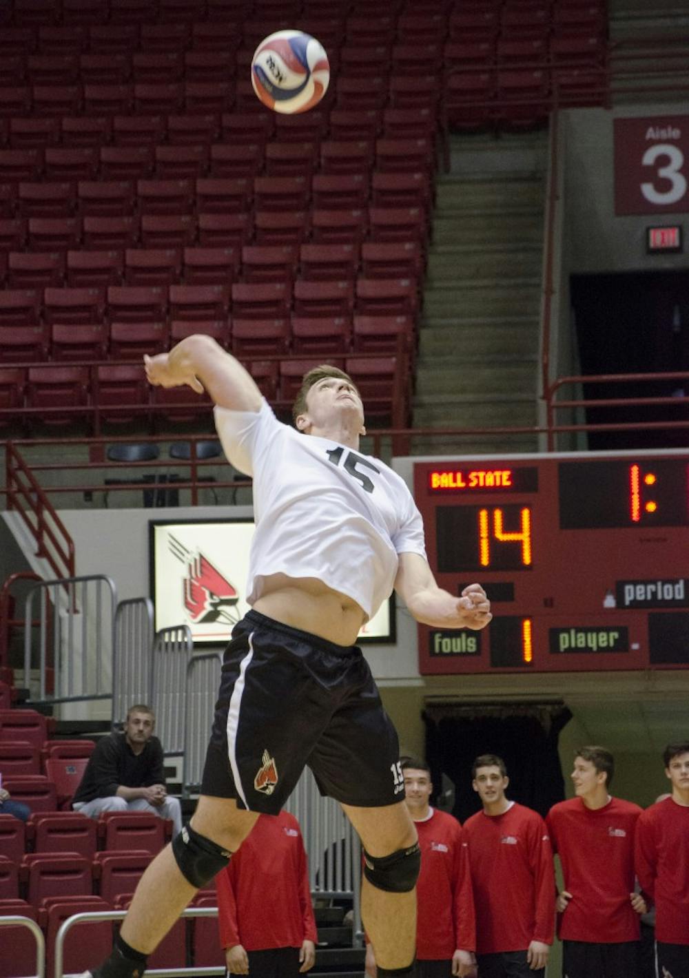 Sophomore outside attacker Marcin Niemczewski delivers his serve against Sacred Heart on Jan. 11. Niemczewski had a career high of 25 kills against Princeton in the five-set victory. DN FILE PHOTO COREY OHLENKAMP