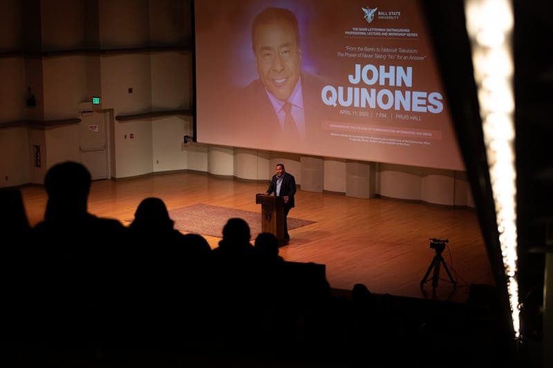 John Quiñones speaks to a crowd of Ball State students and faculty April 11 at Pruis Hall. Quiñones took part in the David Letterman Distinguished Professional Lecture and Workshop Series by visiting Ball States campus along with local schools. Eli Houser, DN