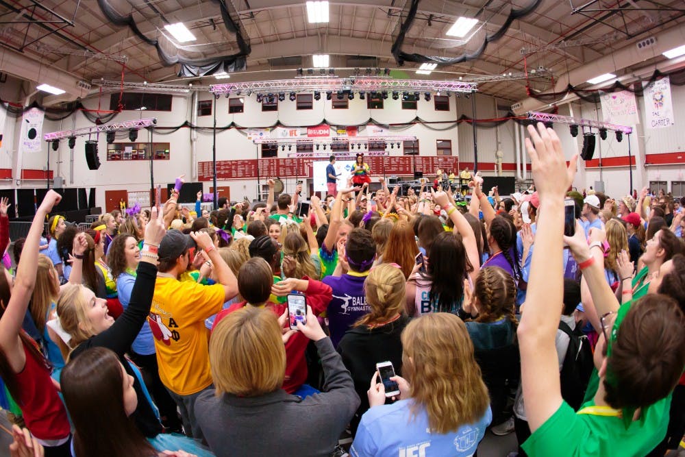 <p>Dancers participate in a free dance session during the annual Ball State University Dance Marathon on Feb. 25 in the Field Sports Building. The event is celebrating its 10th anniversary and has a goal to raise $765,000 to support Riley's Hospital for Children in Indianapolis. <strong>Kyle Crawford, DN</strong></p>