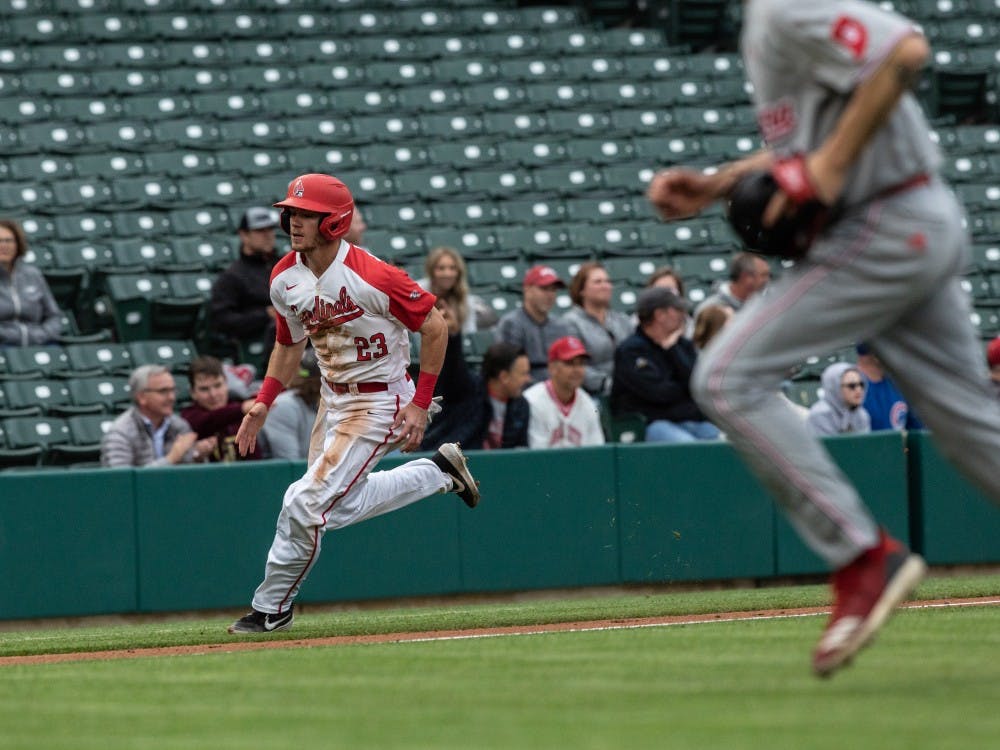Junior right fielder Ross Messina rounds third base to score at home third inning &nbsp;at Victory Field in Indianapolis April 23, 2019. Messina was the only Cardinal to have multiple hits in the game. Rebecca Slezak, DN