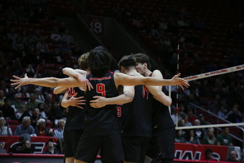 Ball State men's volleyball celebrates scoring a point against Hawaii Jan. 28 at Worthen Arena. The Cardinals lost 3-1 against the Warriors. Isabella Kemper, DN