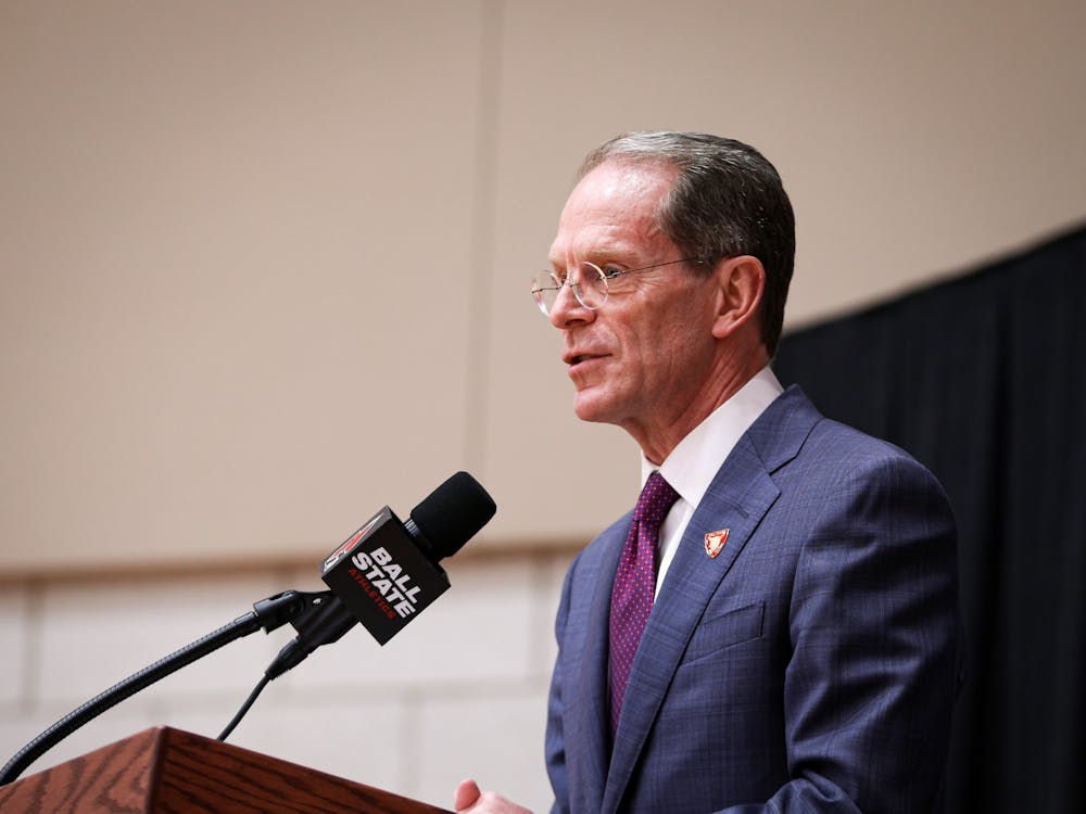 President Geoffrey Mearns speaks at a press conference Apr. 6 at the Dr. Don Shondell Practice Facility. The press conference introduced new men's basketball head coach Michael Lewis. Jacy Bradley, DN