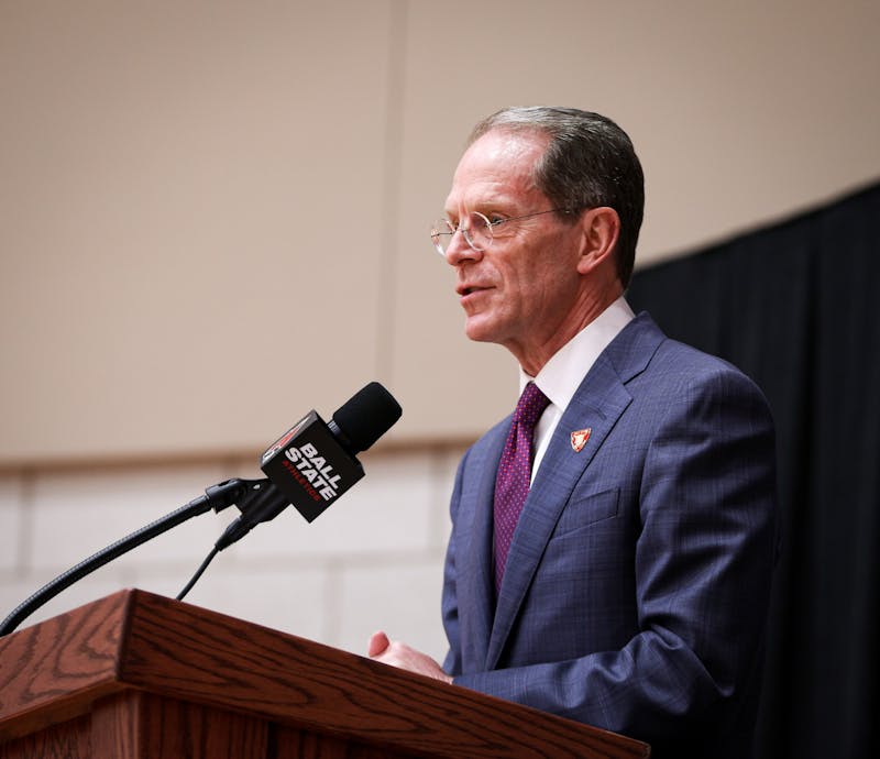 President Geoffrey Mearns speaks at a press conference Apr. 6 at the Dr. Don Shondell Practice Facility. The press conference introduced new men's basketball head coach Michael Lewis. Jacy Bradley, DN