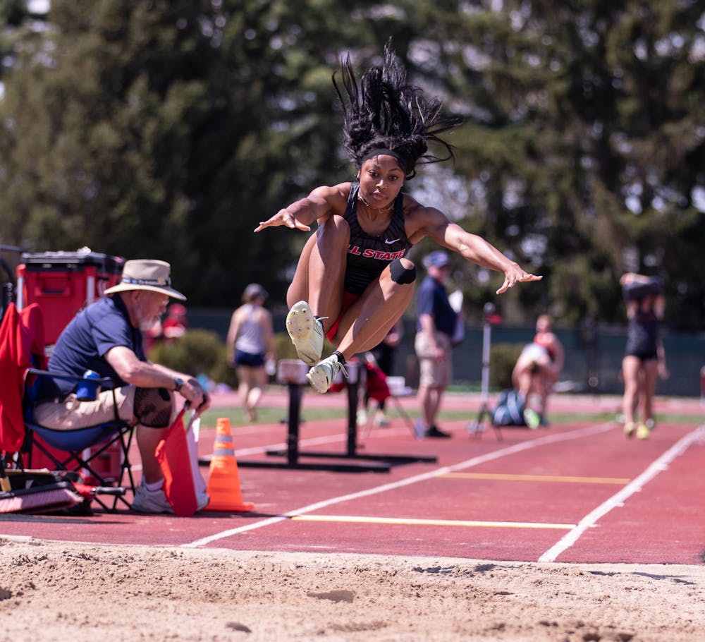 Second-year sprinter Moriah Johnson leaps for the long jump during the Ball State Track and Field We Fly Challenge on April 15 at the University Track at Briner Sports Complex. Katelyn Howell, DN.