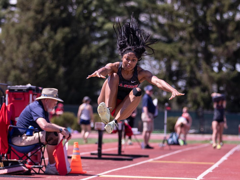 Second-year sprinter Moriah Johnson leaps for the long jump during the Ball State Track and Field We Fly Challenge on April 15 at the University Track at Briner Sports Complex. Katelyn Howell, DN.
