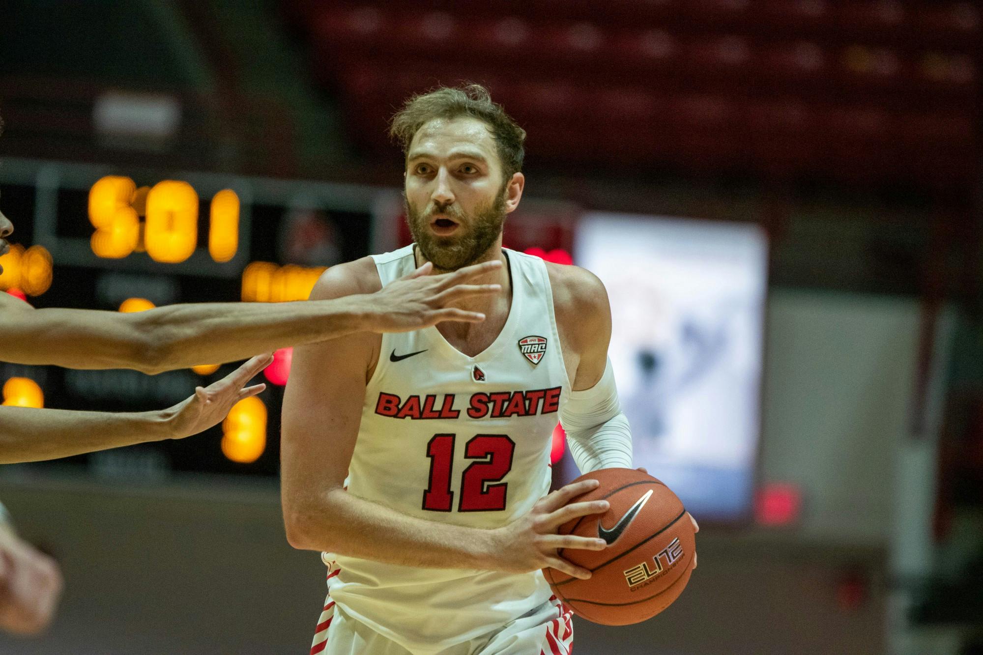 Redshirt senior guard Brachen Hazen holds the ball Dec. 5, 2020, in Worthen Arena. Hazen had 1 assist against the University of Illinois at Chicago Flames. Jaden Whiteman, DN