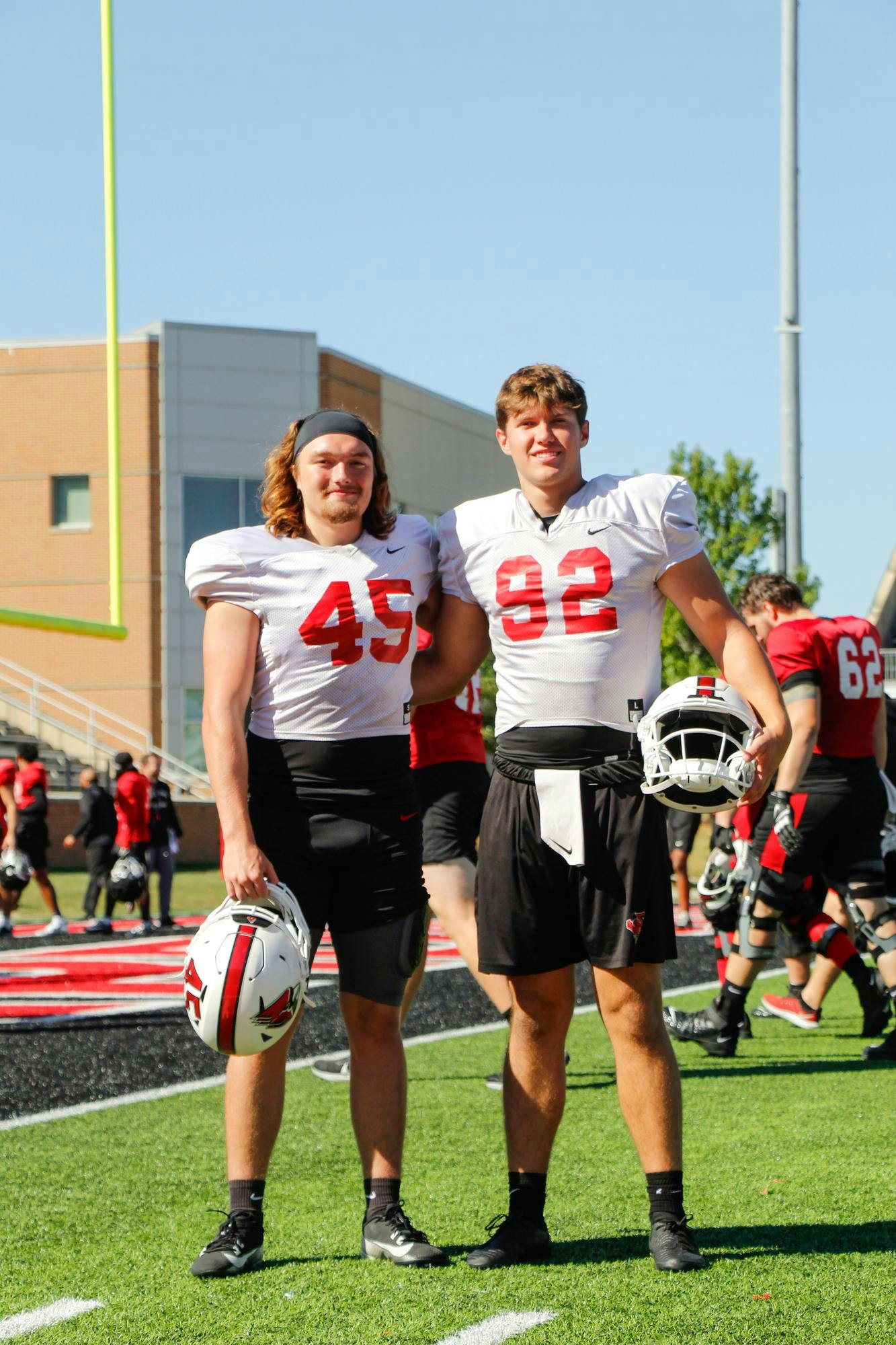Redshirt junior long snapper Caden Britton and redshirt freshman punter Cole Stumbaugh after practice Sept. 26 at Scheumann Stadium. Britton partnered with redshirt junior placekicker Carson Holmer to donate every time Ball State scores an extra point. Annabelle Price, DN