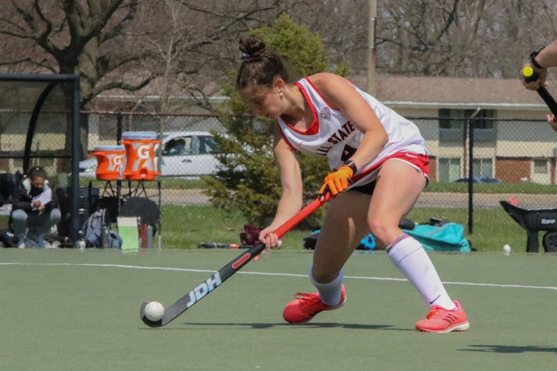 Freshman midfielder Emma Hilton hits the ball on April 3, 2021, at Briner Sports Complex. The Cardinals finished with a 3-1 victory over Bellarmine. Madelyn Guinn, DN