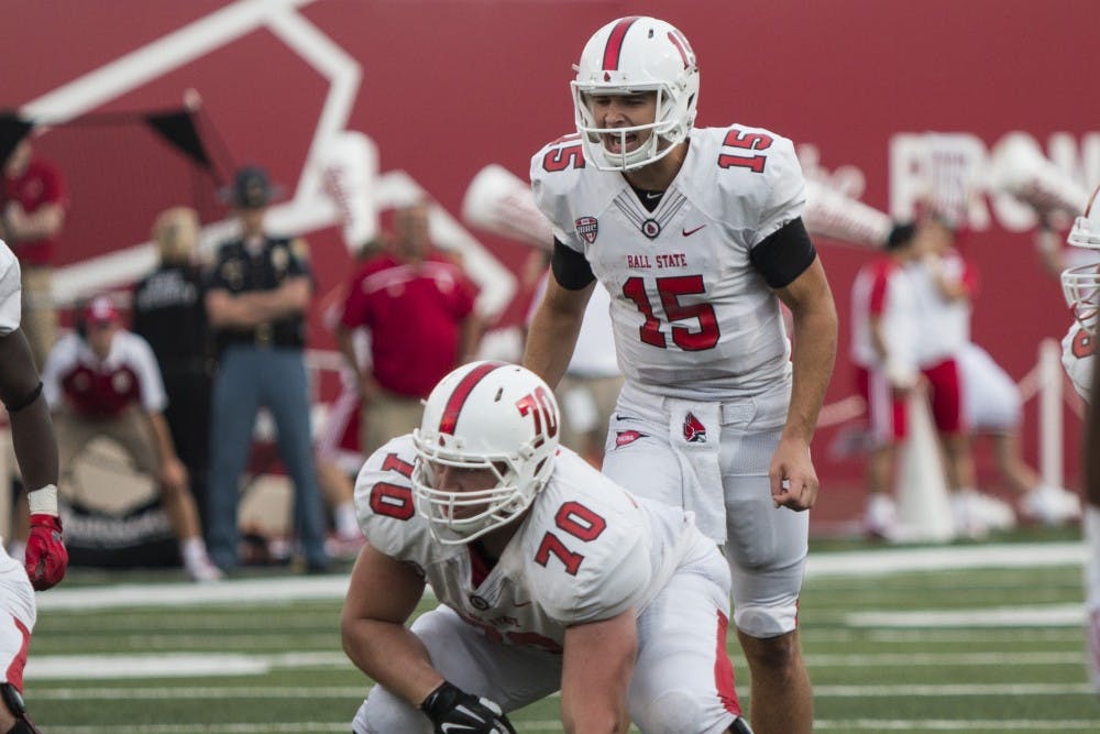 Sophomore Riley Neal yells out instructions to the line in a 30-20 loss to Indiana at Memorial Stadium on Sept. 10. Neal has thrown three interceptions through the first two games of the season, but head coach Mike Neu said his quarterback is going to be just fine. Grace Hollars // DN