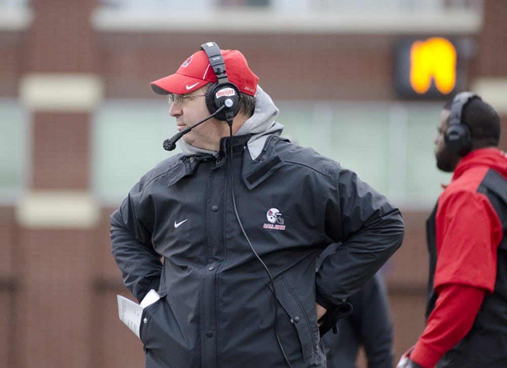 	Pete Lembo looks downfield during the game against Akron on Oct. 26. Lembo has been with Ball State for three years. DN FILE PHOTO BREANNA DAUGHERTY