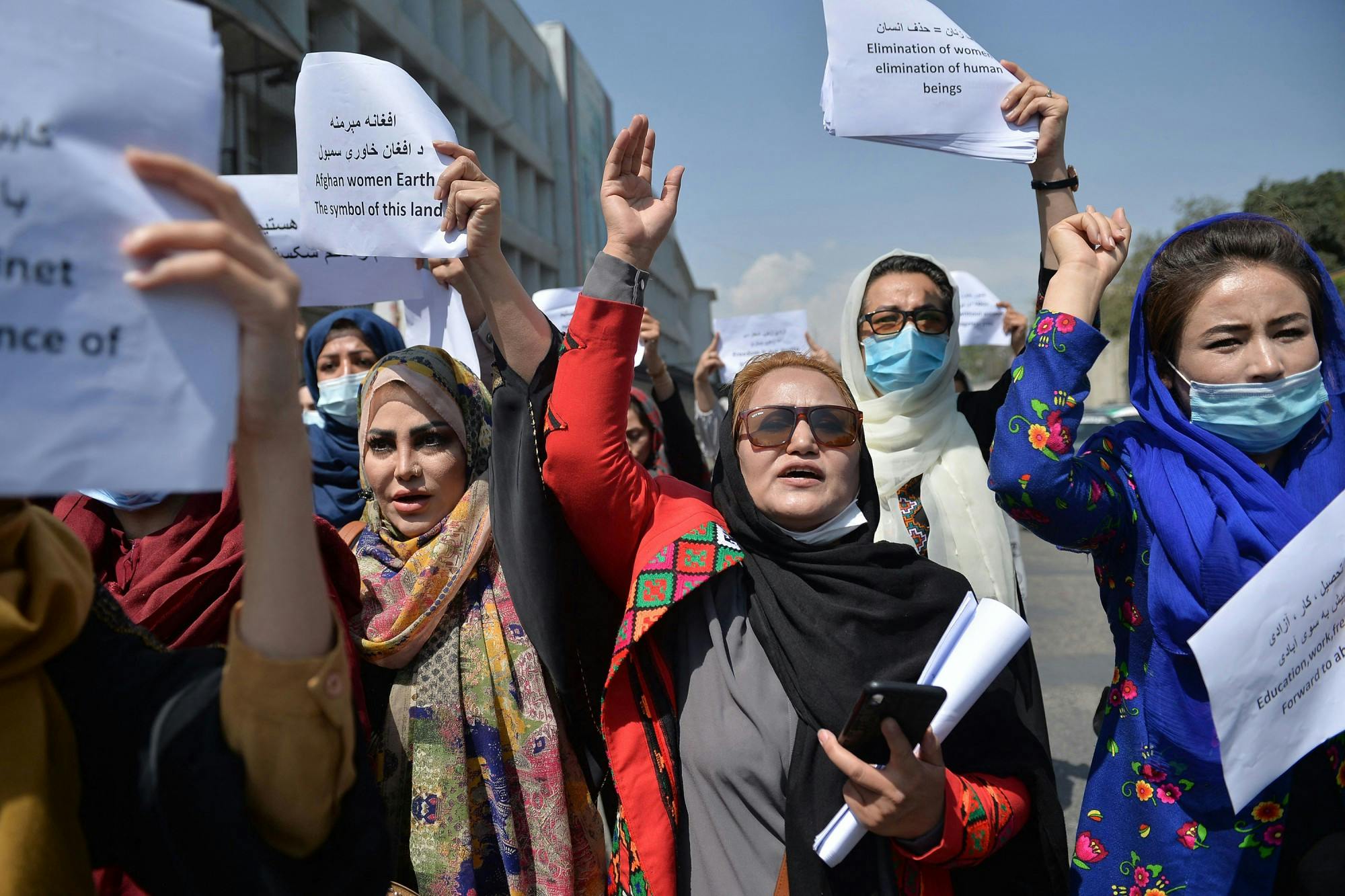 Afghan women take part in a protest march for their rights under Taliban rule, in the downtown area of Kabul on Sept. 3. The Taliban has a history of oppressing women by only allowing them in public while dressing modestly and being escorted by a male relative. Hoshang Hashimi/AFP via Getty Images/TNS, Photo Courtesy