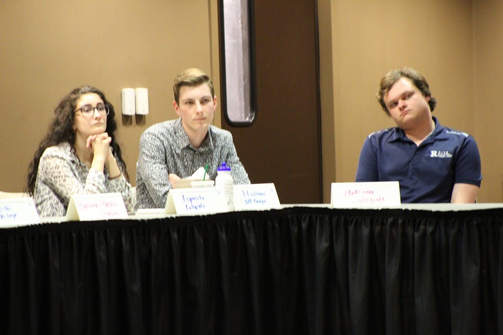 <p>(Left to right) Senators Gina Esposito, Matt Hinkleman and Andy Hoffman await to hear voting results for a nominated senator. On April 24 at the L.A. Pittenger Student Center, Student Government Association (SGA) nominated and voted on potential senators for Fall 2019 SGA. <strong>Charles Melton, DN.</strong></p>
