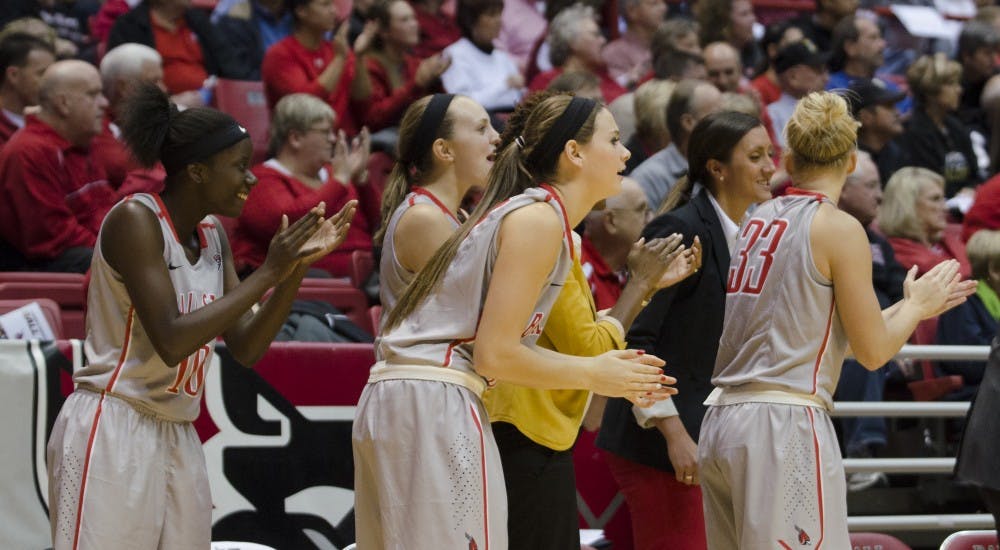 The Ball State women's basketball team cheers from the sidelines as a foul is called in the game against Pittsburgh on Nov. 14 at Worthen Arena. DN PHOTO BREANNA DAUGHERTY 