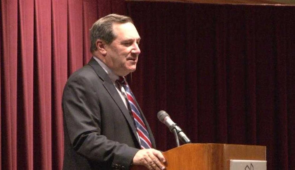 <p>Donnelly spoke to the Delaware County Chamber of Commerce Monday morning, focusing on the issues facing the country. <strong>Tony Sandleben, NewsLink Indiana&nbsp;</strong></p>