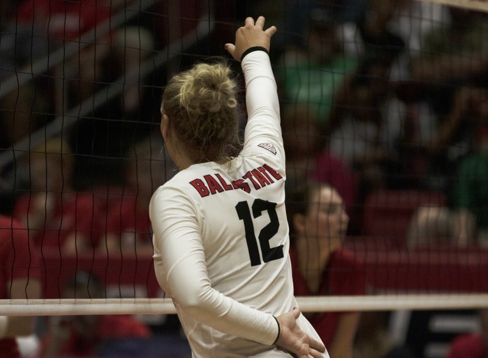 Ball State Women’s Volleyball player, Sydnee VanBeek (12), gets in position during the first set of their match against Austin Peay on September 20th, 2019. Ball State beat Austin Peay 3-0. Jaden Whiteman, DN