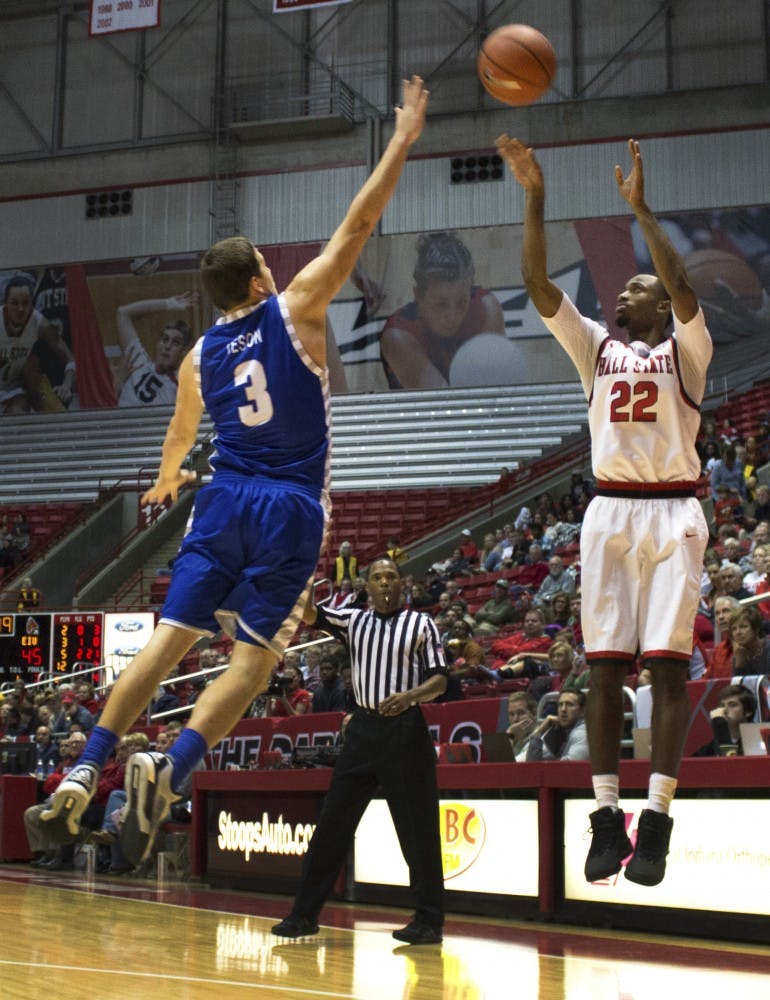 Ball State sophomore guard Jeremie Tyler attempts a three-pointer during the game against E. Illinois on Nov. 16 in Worthen Arena.