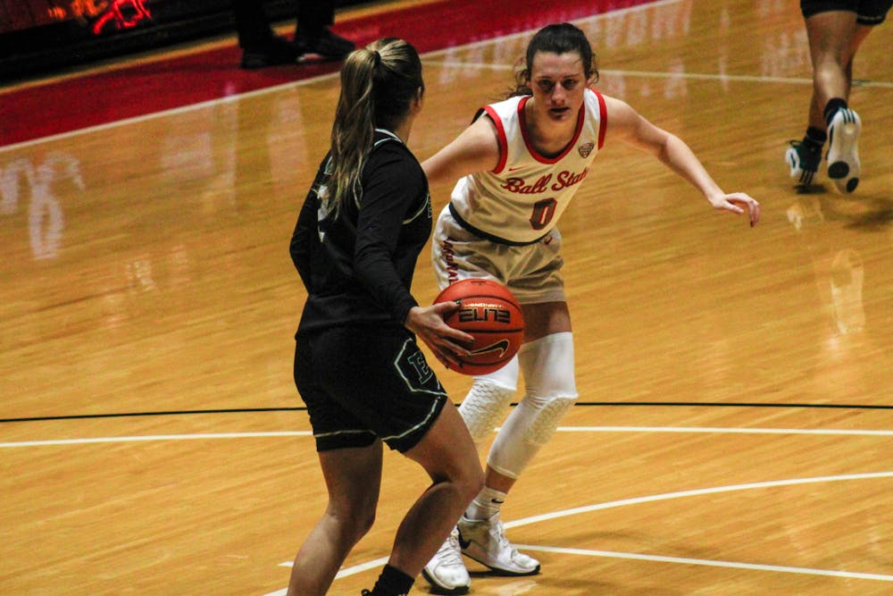 Senior Ally Becki defends against Eastern Michigan Jan. 8 at Worthen Arena. Becki had 15 points in the game. Jayce Blane, DN