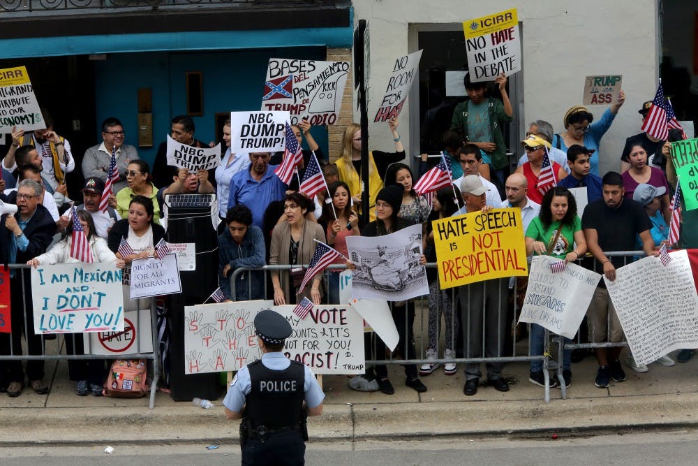 2016 presidential candidate Donald Trump speaks at the City Club of Chicago to a sold out crowd, Monday, June 29, 2015 in Chicago. Trump discussed everything from immigration, Miss Universe, and "The Apprentice" to business.  (Antonio Perez/Chicago Tribune/TNS) 