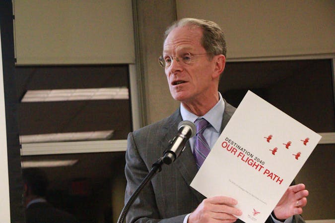 Ball State University President Geoffery Mearns speaks to an audience of students in the university's L.A. Pittenger Student Center room 301 about his goals for the future of the university. During an open forum Nov. 19, Mearns detailed his plans to increase undergraduate excellence and innovation at Ball State. Shelby Anderson, DN