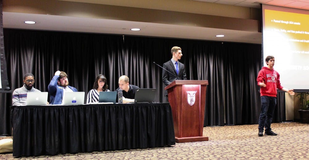 (Left to right) Amplify slate members Jalen Jones, Student Government Association (SGA) treasurer; Jake Biller, SGA parliamentarian; Kyleigh Snavely, SGA secretary; Kameron Bontrager, SGA president pro tempore; and Isaac Mitchell, SGA president give the final platform point update at the senate meeting April 3, 2019 at the L.A. Pittenger Student Center. The slate reported that it has completed 14 of 16 platform points. Charles Melton, DN&nbsp;