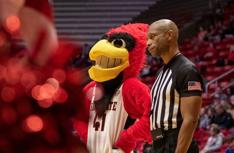 Charlie Cardinal talks with a referee during the Ball State men's basketball game against Loyola University Chicago on Dec. 3, 2019, in John E. Worthen Arena. Ball State lost 70-58. Jaden Whiteman, DN