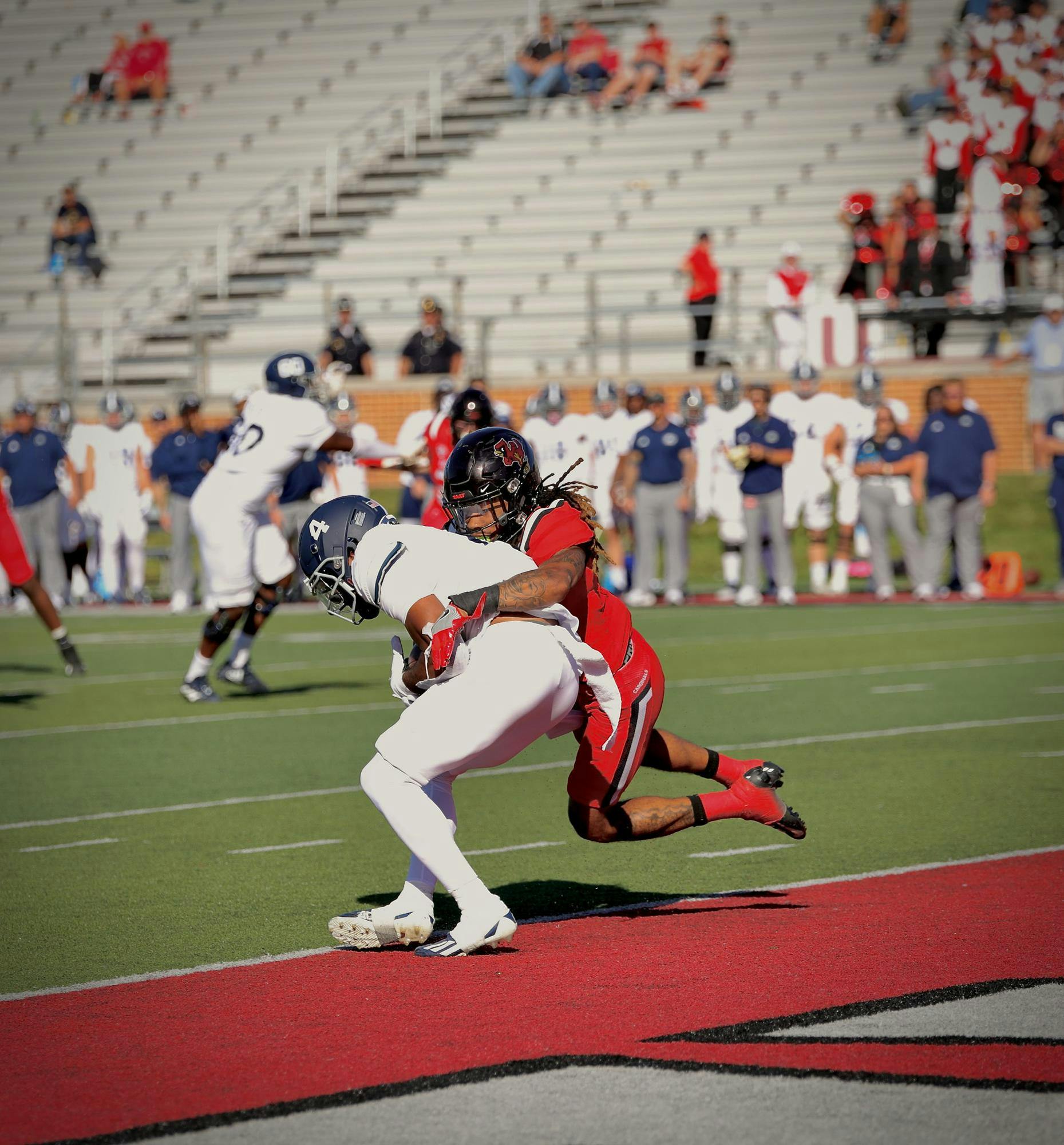 Junior defensive back Jordan Riley makes a crushing tackle at tip of the endzone in a game against Georgia Southern Sep 23 at Scheumann Stadium. This was one of Rileys seven solo tackles. Andrew Berger, DN