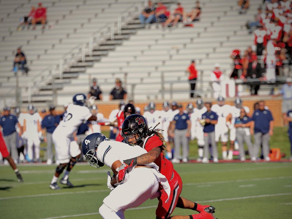 Junior defensive back Jordan Riley makes a crushing tackle at tip of the endzone in a game against Georgia Southern Sep 23 at Scheumann Stadium. This was one of Rileys seven solo tackles. Andrew Berger, DN