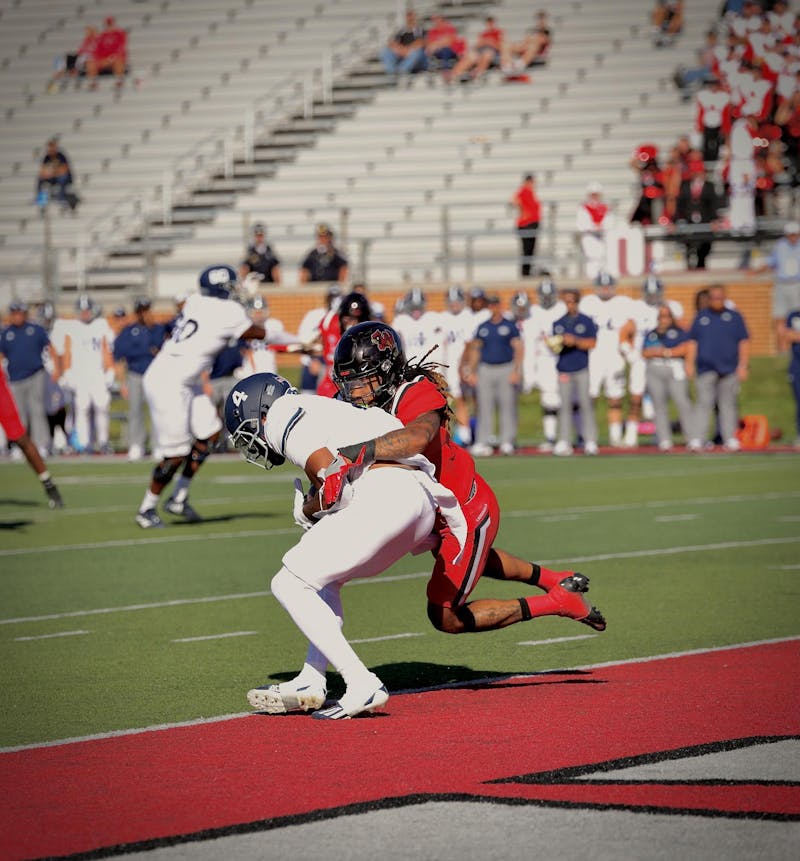 Junior defensive back Jordan Riley makes a crushing tackle at tip of the endzone in a game against Georgia Southern Sep 23 at Scheumann Stadium. This was one of Rileys seven solo tackles. Andrew Berger, DN