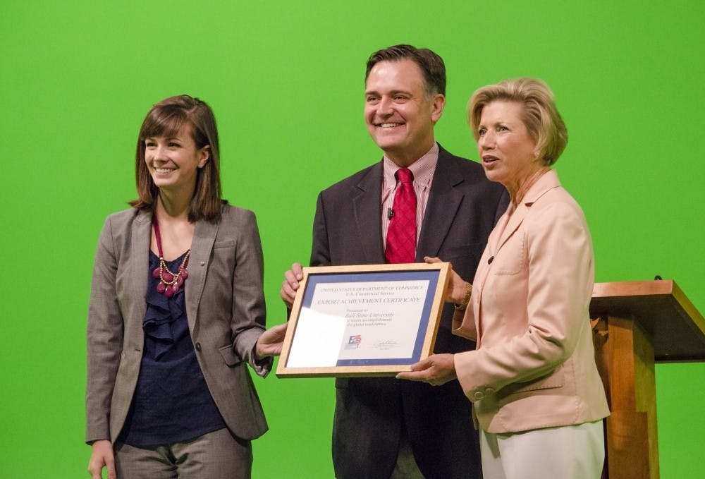 Congressman Luke Messer and Ball State President Jo Ann Gora discuss the Congressional Leadership Academy at a press conference in September 2013 at Ball State. Messer will speak at the Spring Commencement on May 3. DN FILE PHOTO COREY OHLENKAMP