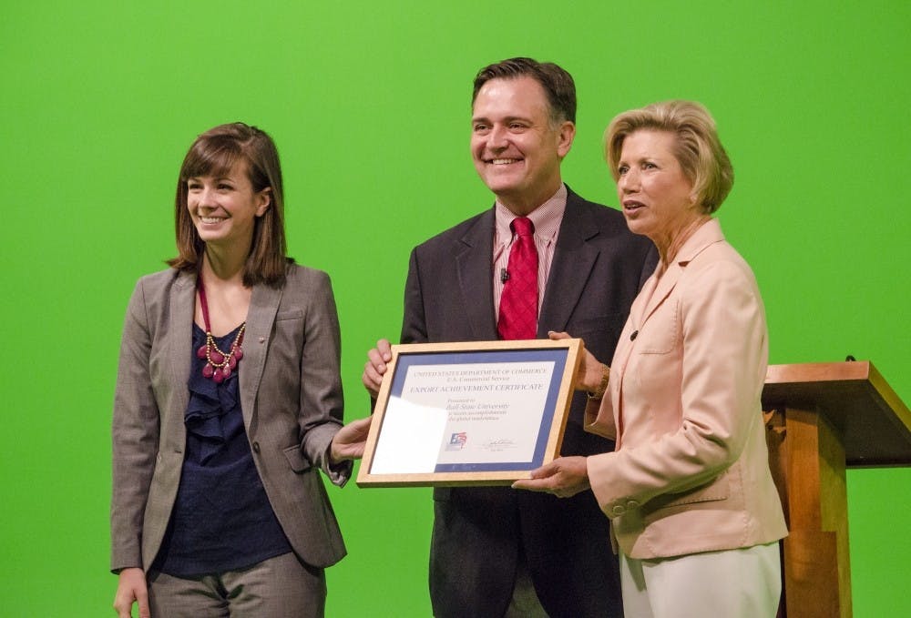 <p>Congressman Luke Messer and Ball State President Jo Ann Gora discuss the Congressional Leadership Academy at a press conference in September 2013 at Ball State. Messer will speak at the Spring Commencement on May 3. DN FILE PHOTO COREY OHLENKAMP</p>