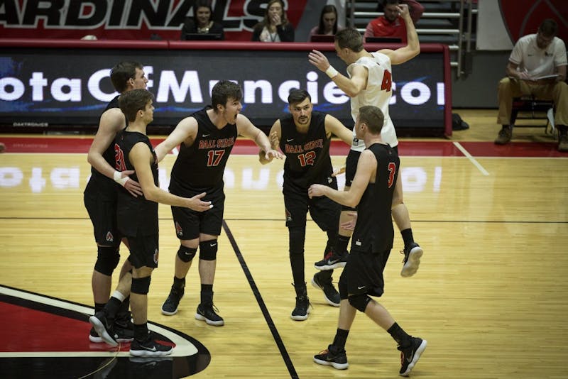 Ball State players jump to a huddle after scoring two points in a row against the Lions, Jan. 6, at John E. Worthen Arena. Ball State swept the Lions, in three straight sets, 16-25, 15-25, 12-25. Grace Hollars, DN&nbsp;