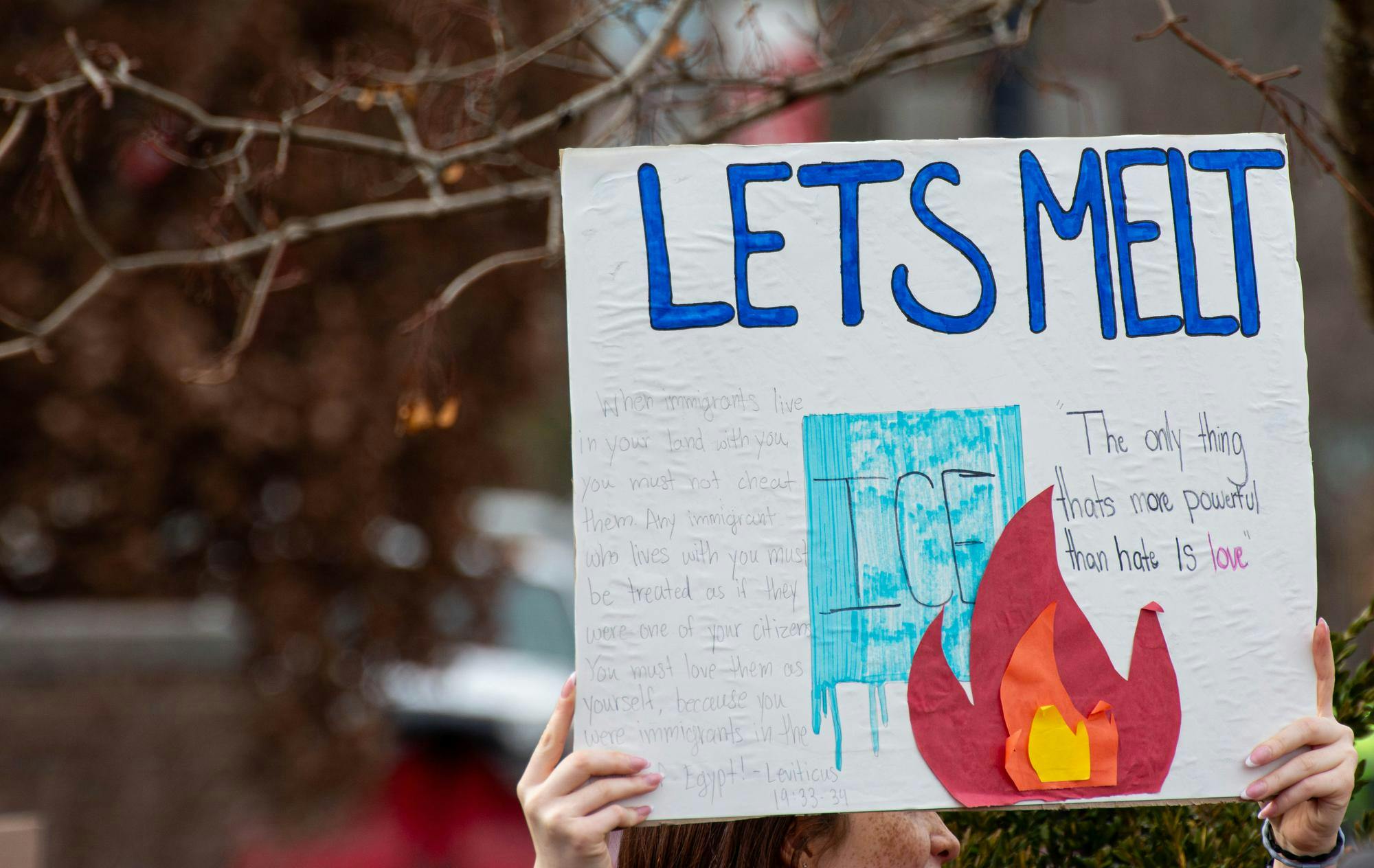 Some student protesters show off their creatively decorated signs. Feb. 17 Ball State University. Aiden Murray, NLI.