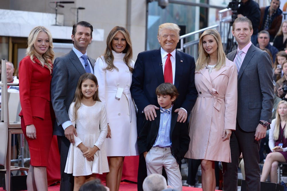 (L-R) Republican Presidential candidate Donald Trump poses with members of his family (l-r) daughter Tiffany Trump, son Donald Trump Jr., granddaughter Kai Trump, wife Melania Trump, grandson Donald Trump (bowtie), daughter Ivanka Trump and son Eric Trump during their appearance on NBC's Today Show on April 21, 2016 in New York, NY. (Anthony Behar/Sipa USA/TNS)