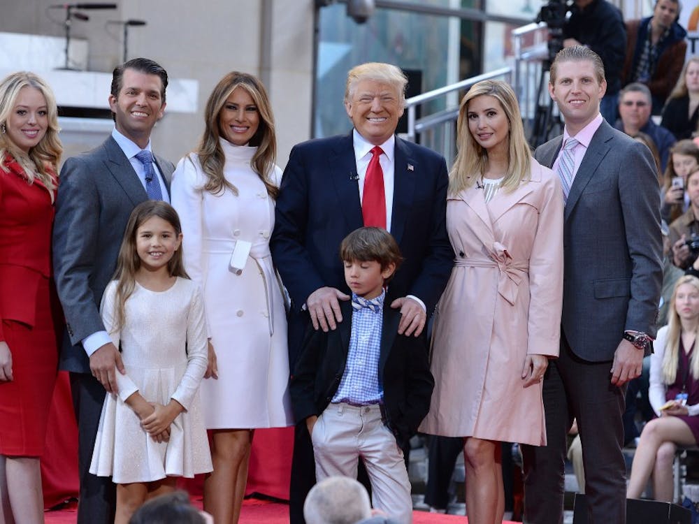 (L-R) Republican Presidential candidate Donald Trump poses with members of his family (l-r) daughter Tiffany Trump, son Donald Trump Jr., granddaughter Kai Trump, wife Melania Trump, grandson Donald Trump (bowtie), daughter Ivanka Trump and son Eric Trump during their appearance on NBC's Today Show on April 21, 2016 in New York, NY. (Anthony Behar/Sipa USA/TNS)