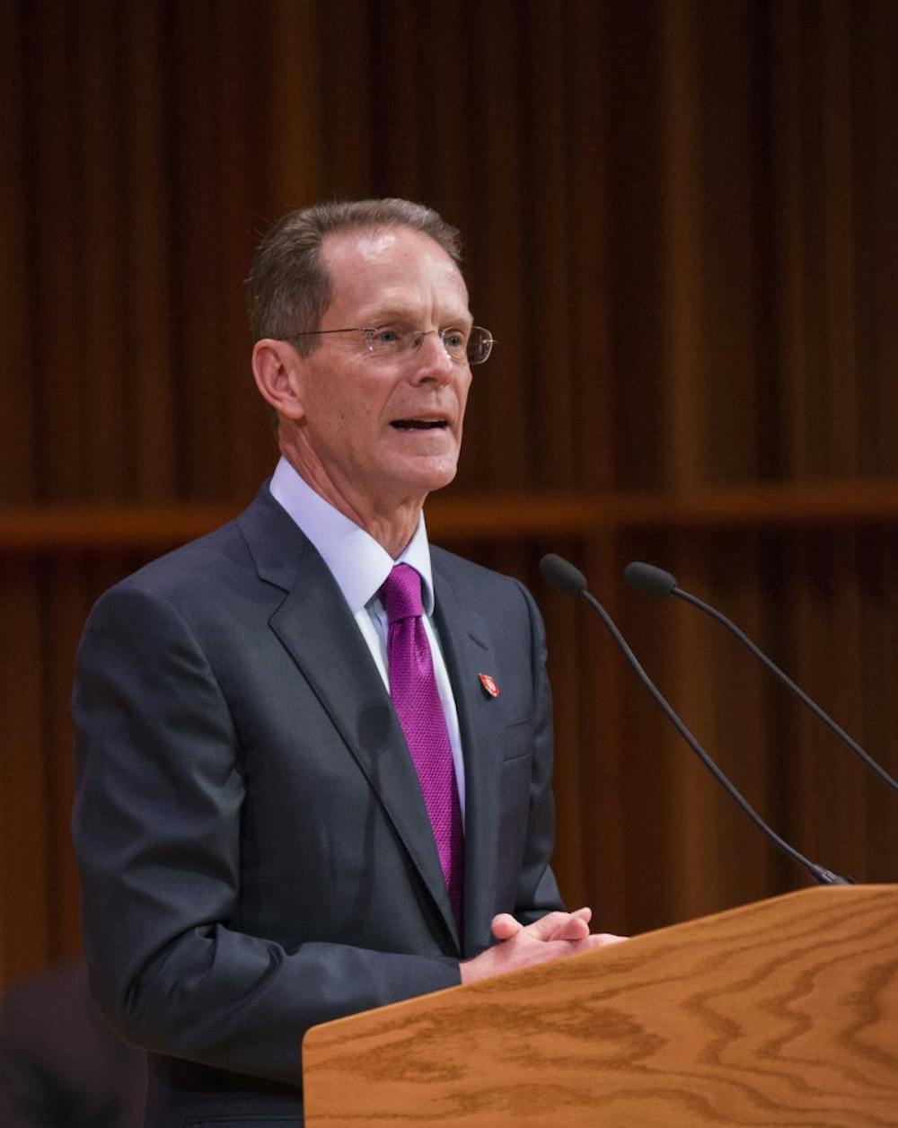 Geoffrey S. Mearns address the crowd for the first time after being named 17th president of Ball State on Jan. 24 in Sursa Hall. Breanna Daugherty // DN