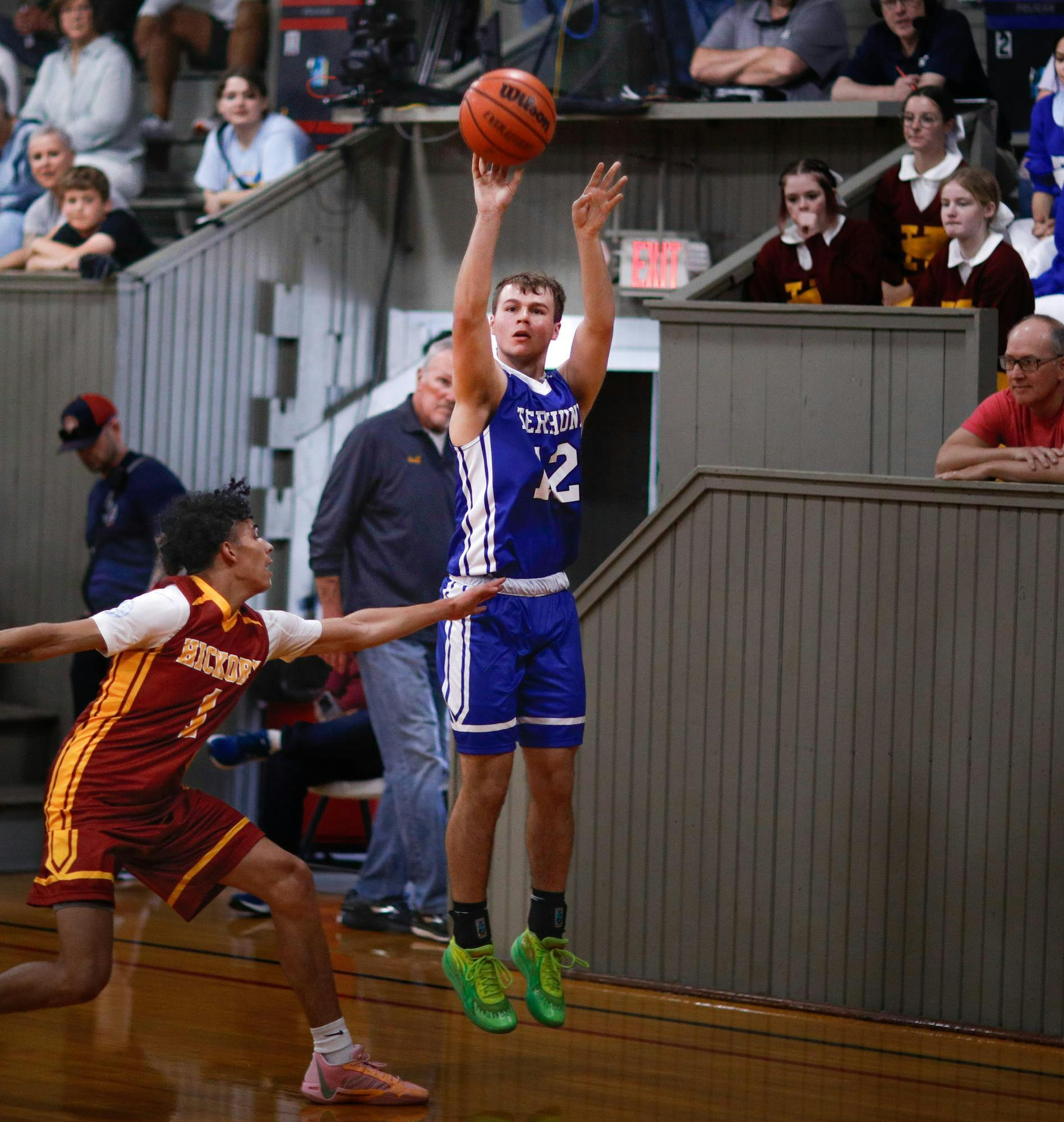 Wapahani senior Isaac Andrews shoots 3-point-shot during the Hoosier Reunion All-Star Classic April 27 at Hoosier Gym. Andrews always dreamed of playing in the famed Hoosier Gym in Knightstown. Andrew Berger, DN